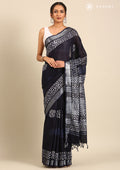 Navy Blue Color Block Printed Batik Pattern Linen Saree - Taashi