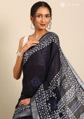 Navy Blue Color Block Printed Batik Pattern Linen Saree - Taashi