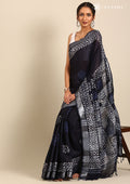 Navy Blue Color Block Printed Batik Pattern Linen Saree - Taashi