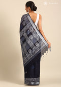Navy Blue Color Block Printed Batik Pattern Linen Saree - Taashi