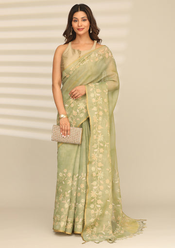 Dusty Green Tissue Printed Embroidered Saree