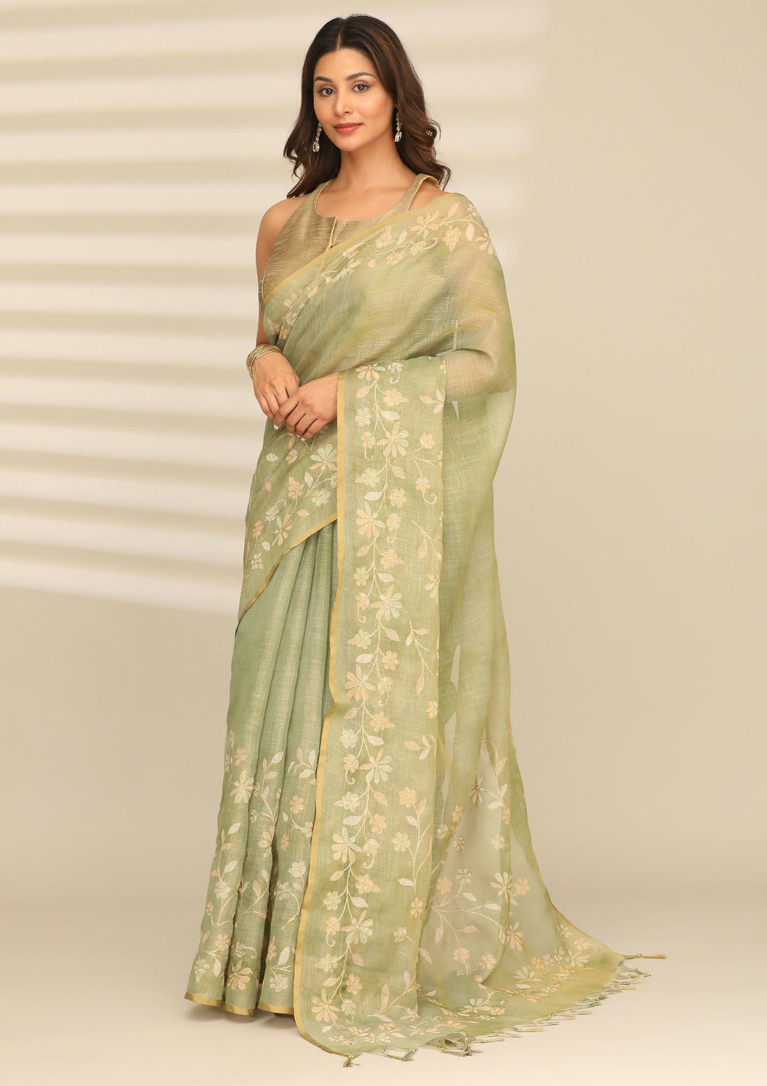 Dusty Green Tissue Printed Embroidered Saree