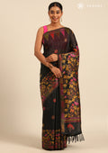 Black Thread-Woven Floral Pattern Linen Saree - Taashi