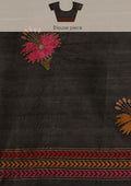 Black Thread-Woven Floral Pattern Linen Saree - Taashi