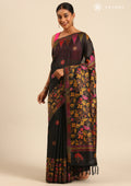 Black Thread-Woven Floral Pattern Linen Saree - Taashi