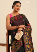 Black Thread-Woven Floral Pattern Linen Saree - Taashi