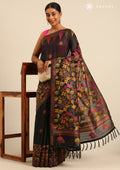 Black Thread-Woven Floral Pattern Linen Saree - Taashi