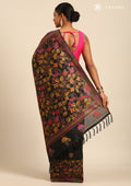 Black Thread-Woven Floral Pattern Linen Saree - Taashi