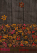 Black Thread-Woven Floral Pattern Linen Saree - Taashi