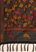 Black Thread-Woven Floral Pattern Linen Saree - Taashi