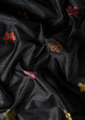Black Thread-Woven Floral Pattern Linen Saree - Taashi