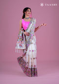 Cream Thread-Woven Floral Pattern Linen Saree - Taashi