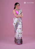 Cream Thread-Woven Floral Pattern Linen Saree - Taashi