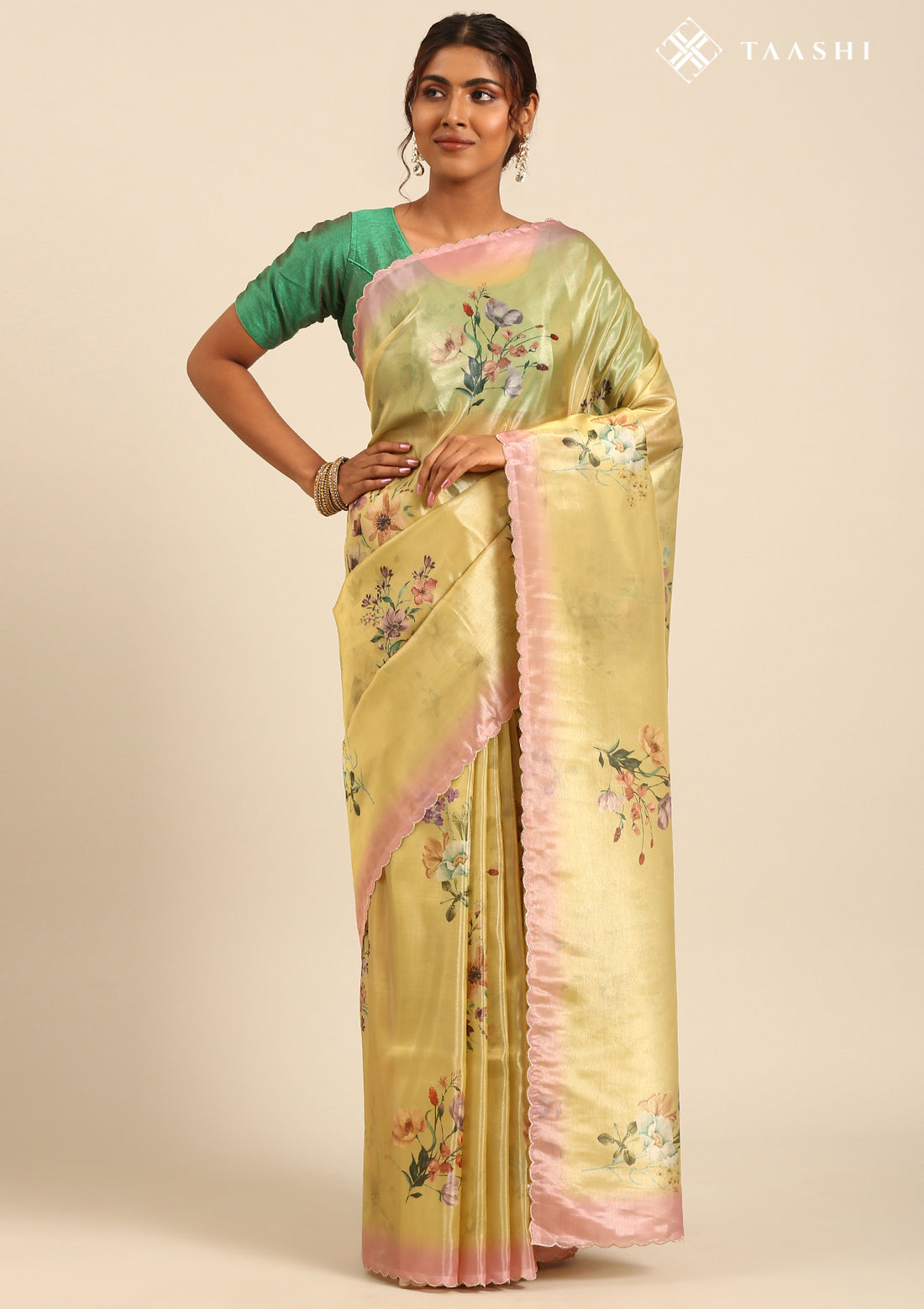 Metallic Yellow And Peach Floral Printed Organza Saree