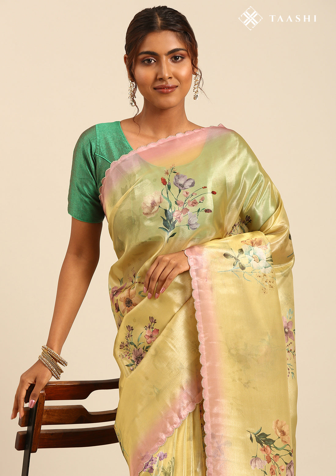 Metallic Yellow And Peach Floral Printed Organza Saree
