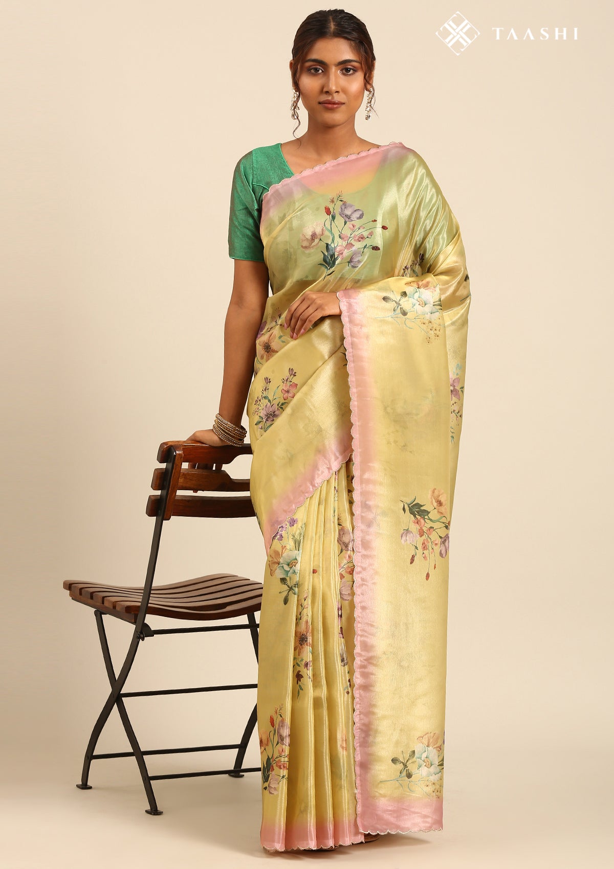 Metallic Yellow And Peach Floral Printed Organza Saree