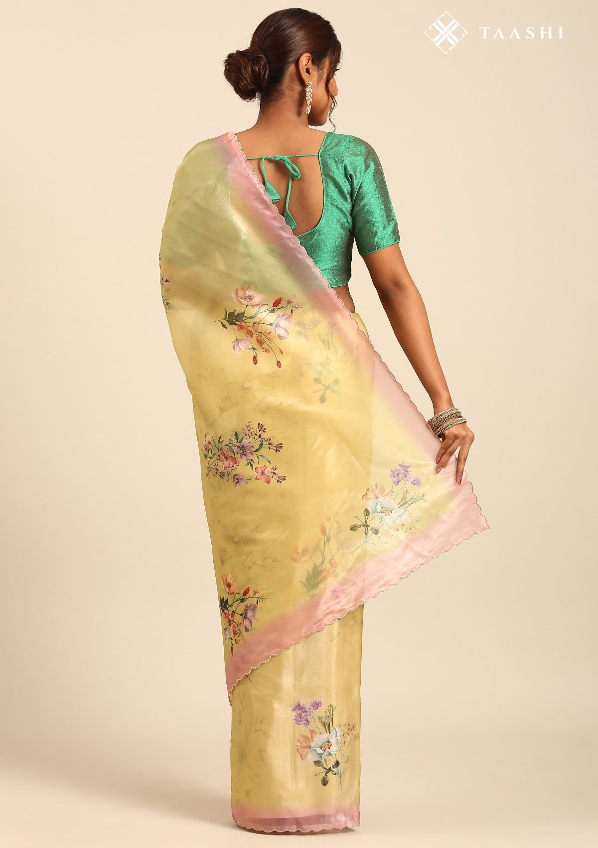 Metallic Yellow And Peach Floral Printed Organza Saree