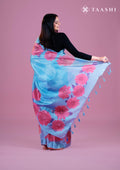 Powder Blue Semi-Organza Saree With Floral Pattern - Taashi