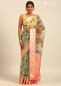 Dusty Peach And Green Nature InspiRed Printed Organza Saree - Taashi