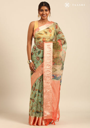 Mint Green Organza Pichwai Printed Saree