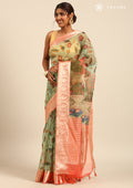 Dusty Peach And Green Nature InspiRed Printed Organza Saree - Taashi