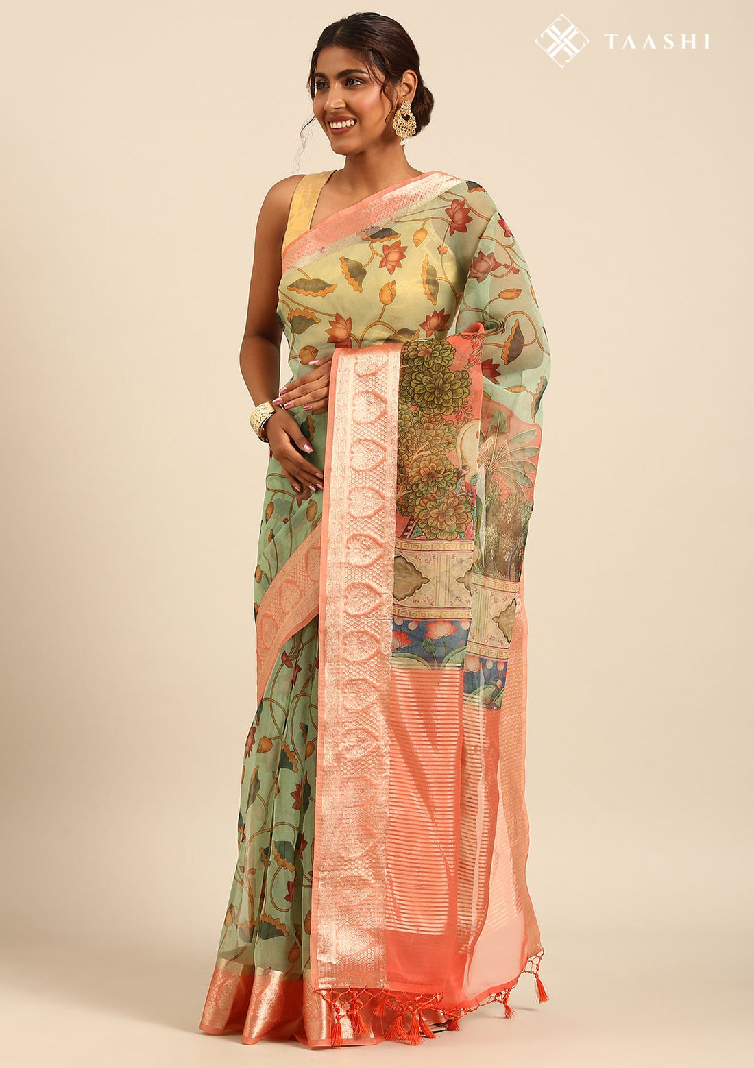 Mint Green Organza Pichwai Printed Saree