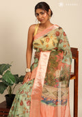 Dusty Peach And Green Nature InspiRed Printed Organza Saree - Taashi