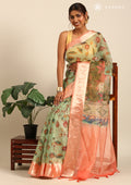Dusty Peach And Green Nature InspiRed Printed Organza Saree - Taashi