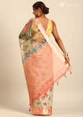 Dusty Peach And Green Nature InspiRed Printed Organza Saree - Taashi