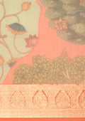 Dusty Peach And Green Nature InspiRed Printed Organza Saree - Taashi