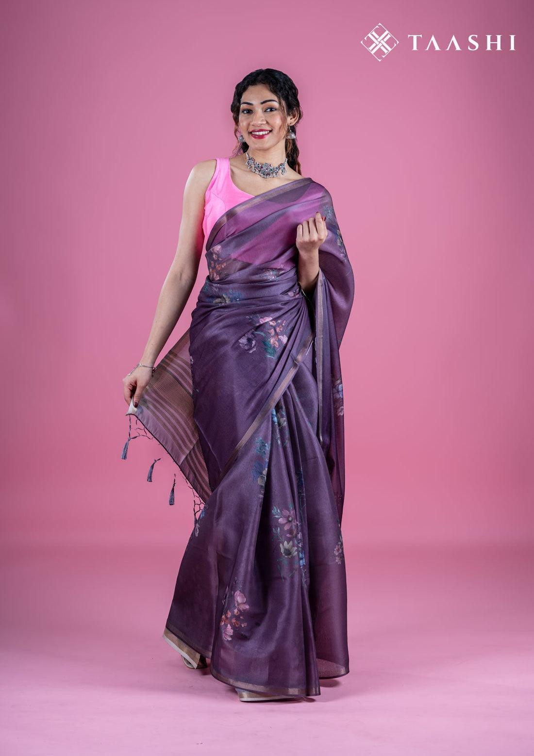 Dark Mauve Organza Contemporary Printed Saree