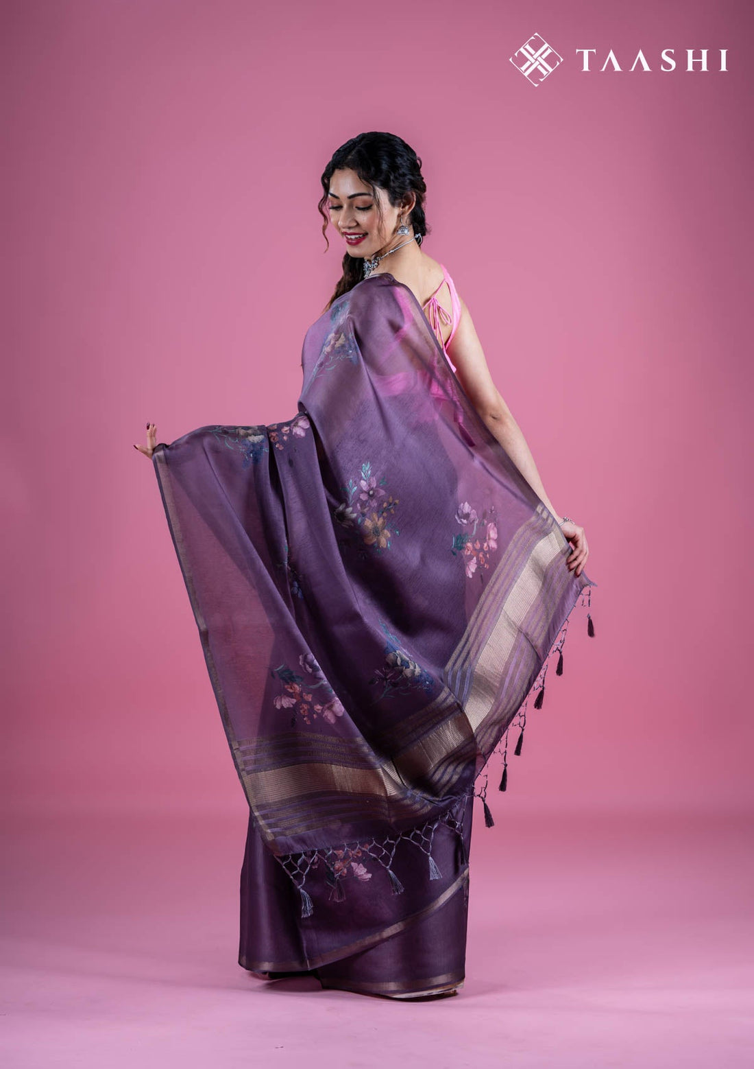 Dark Mauve Organza Contemporary Printed Saree