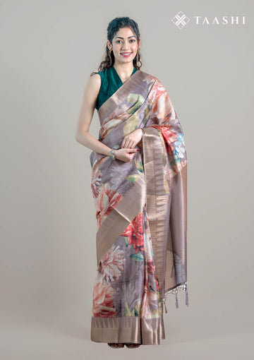 Taupe Brown Organza Contemporary Printed Saree