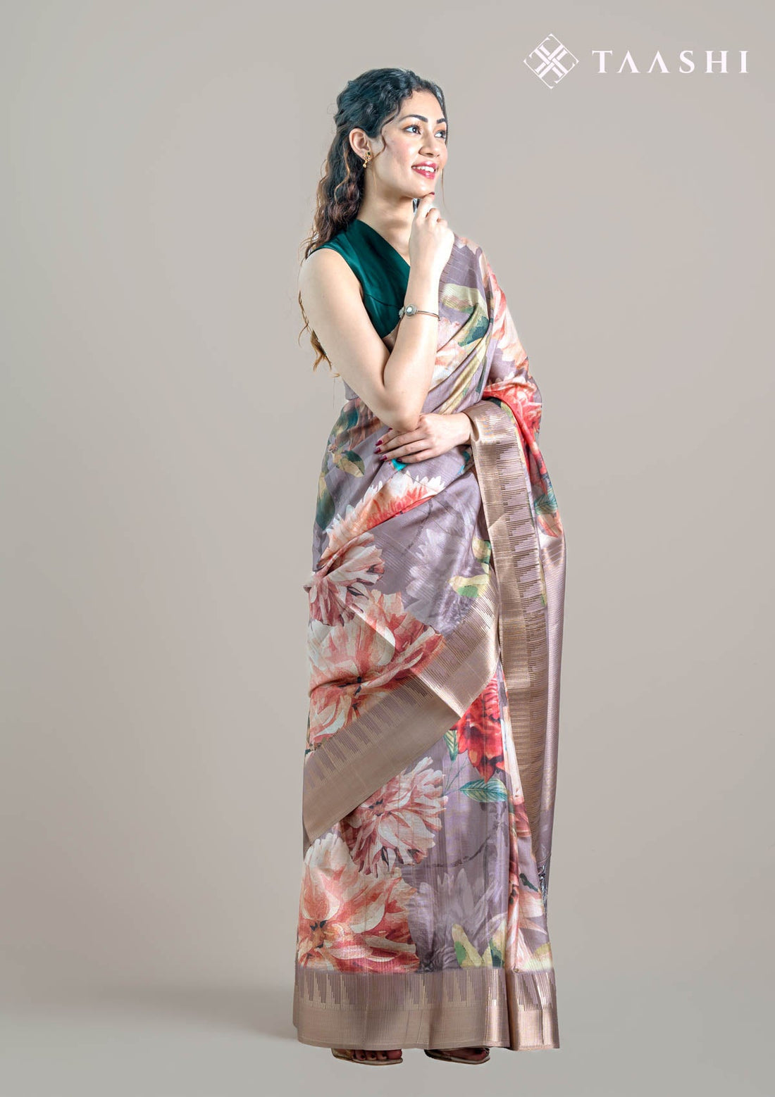Taupe Brown Organza Contemporary Printed Saree