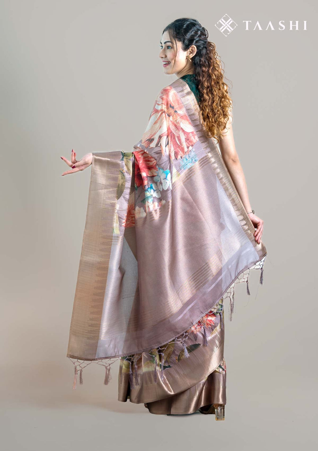 Taupe Brown Organza Contemporary Printed Saree