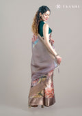 Brown Floralk Printed Organza Saree - Taashi