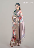 Brown Floralk Printed Organza Saree - Taashi