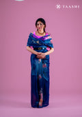 Midnight Blue Semi-Organza Saree With Floral Embroidery - Taashi