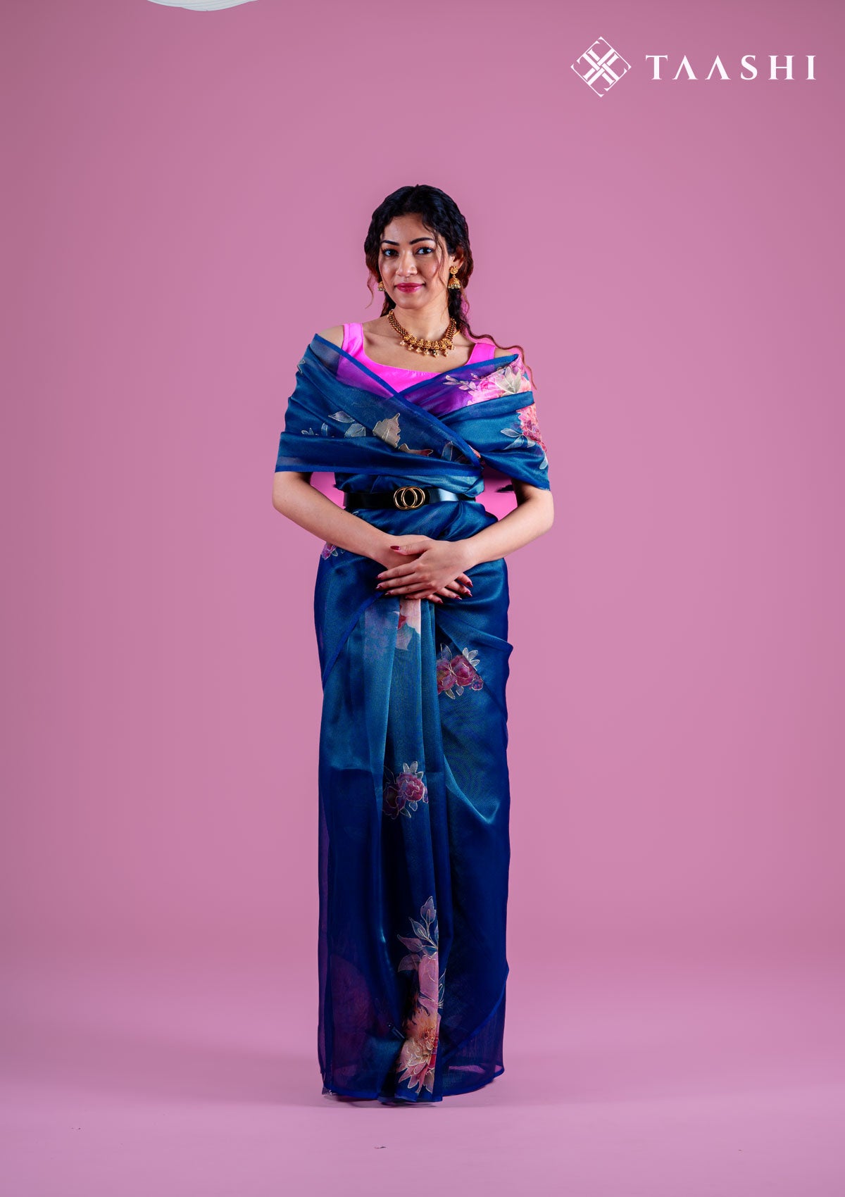 Midnight Blue Semi-Organza Saree With Floral Embroidery - Taashi