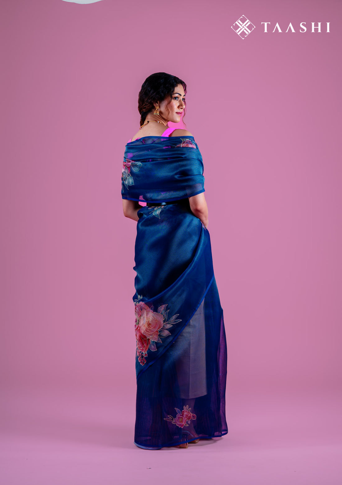 Midnight Blue Semi-Organza Saree With Floral Embroidery - Taashi