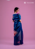 Midnight Blue Semi-Organza Saree With Floral Embroidery - Taashi