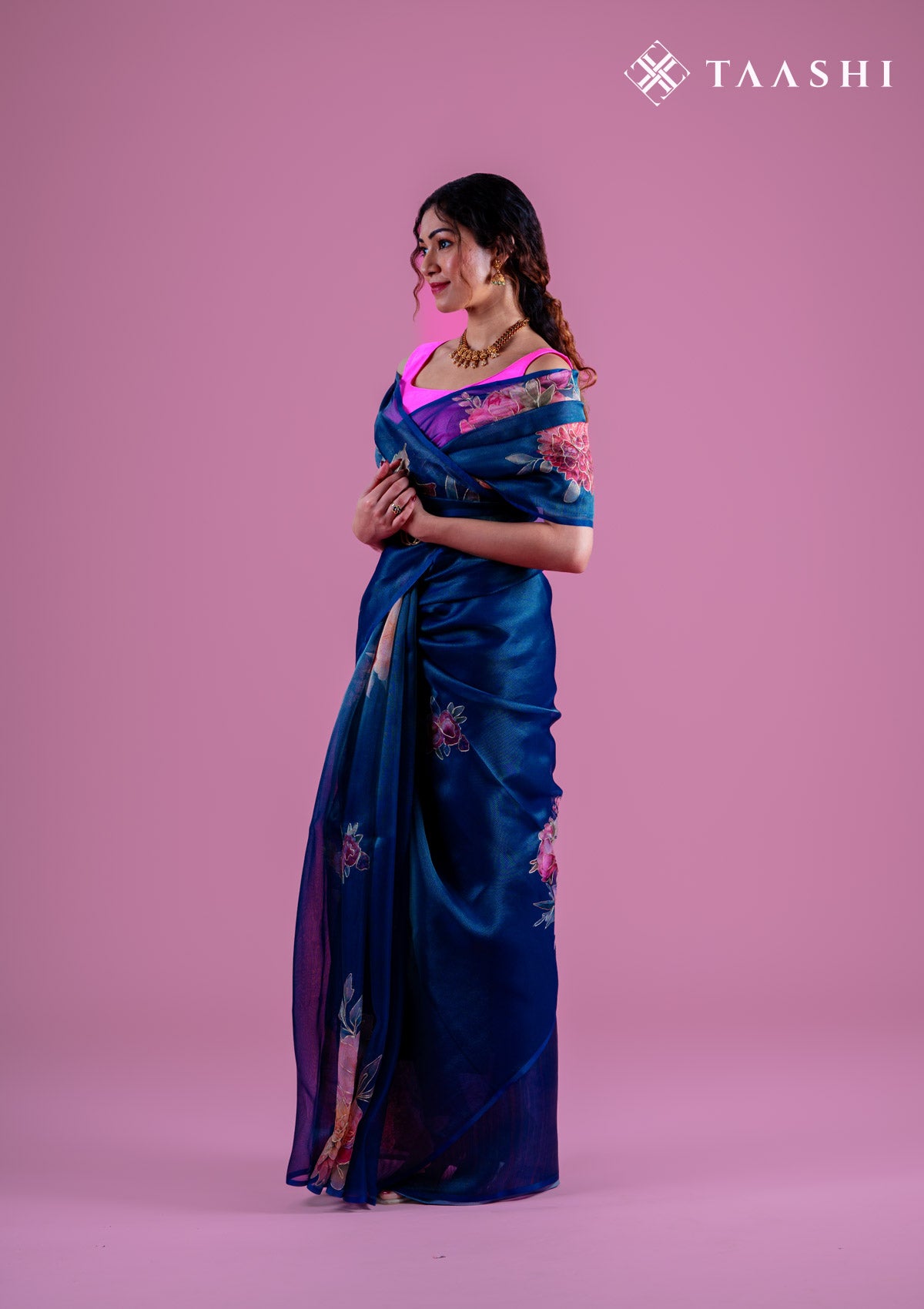 Midnight Blue Semi-Organza Saree With Floral Embroidery - Taashi