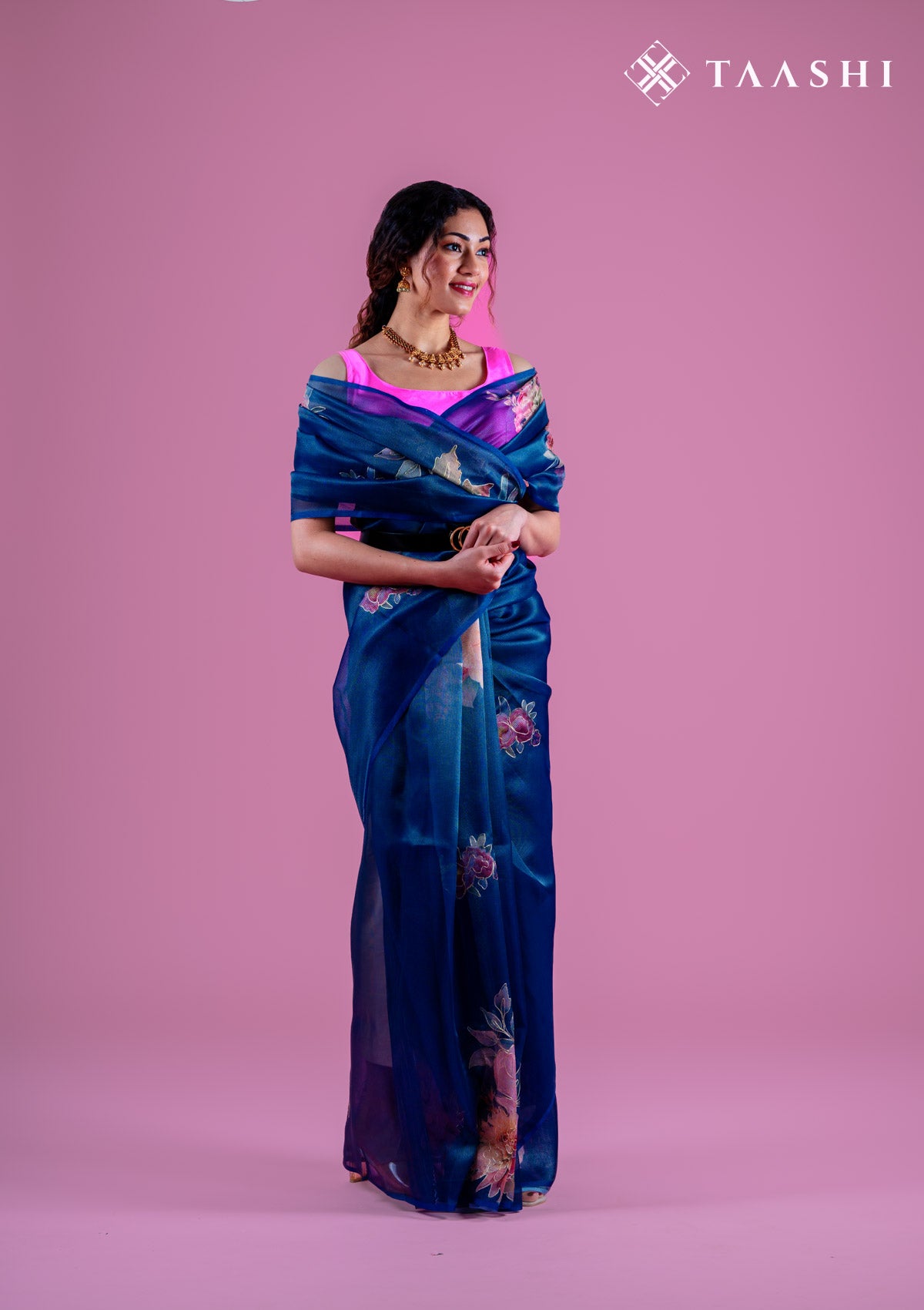 Midnight Blue Semi-Organza Saree With Floral Embroidery - Taashi