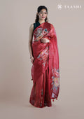 Red Floral Printed And EmbroideRed Organza Saree - Taashi