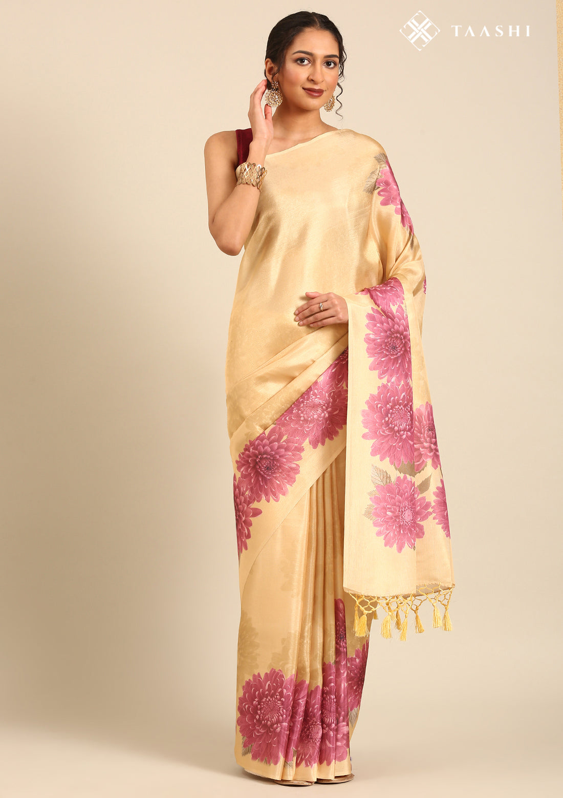 Pastel Yellow Bold Floral Organza Saree