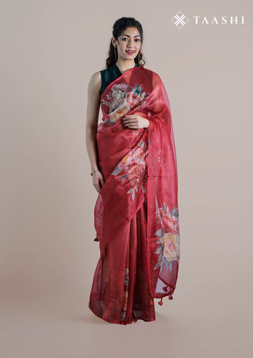 Red Tissue Printed Embroidered Saree