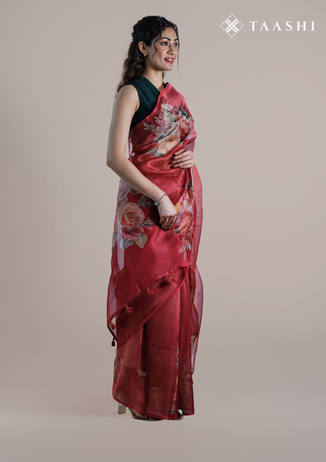 Red Tissue Printed Embroidered Saree