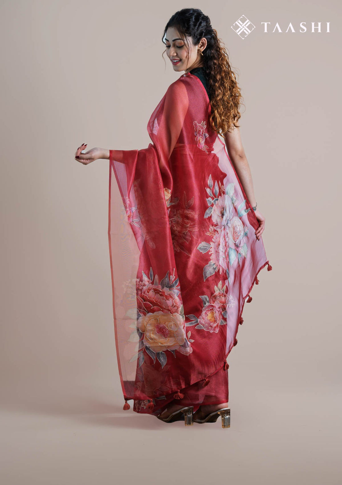 Red Tissue Printed Embroidered Saree