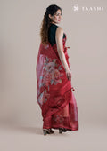 Red Floral Printed And EmbroideRed Organza Saree - Taashi