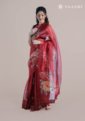 Red Floral Printed And EmbroideRed Organza Saree - Taashi